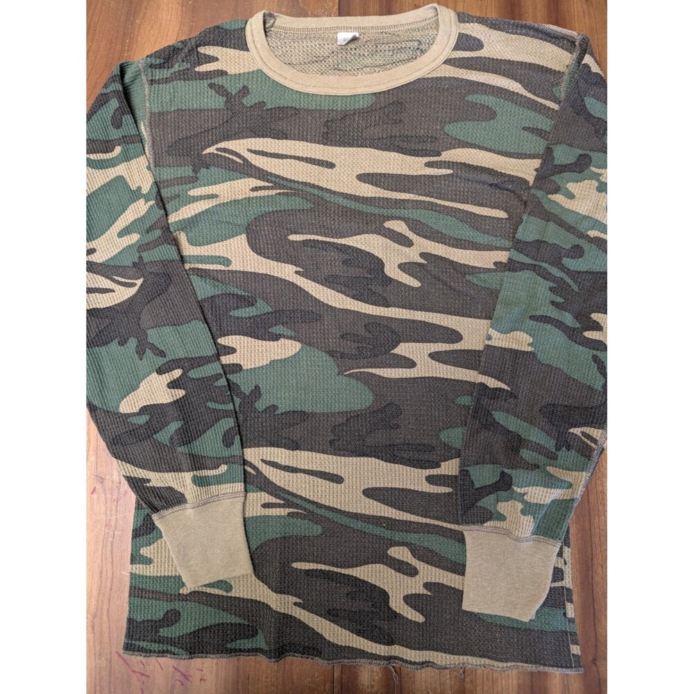 Vintage Morgan Mills Thermal Shirt Mens 2XL Green Woodland Camo Waffle Knit